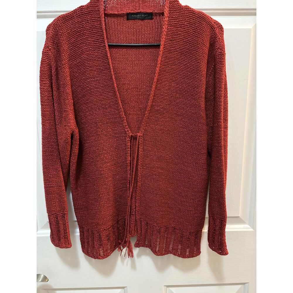 August Silk Red Ribbon Yarn Knit Open Cardigan Tied Small